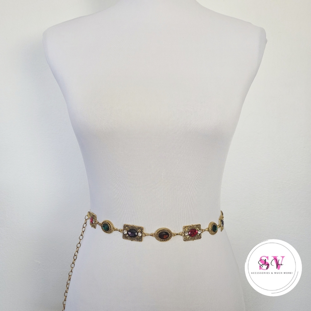 Gold chain belt with colorful gemstones